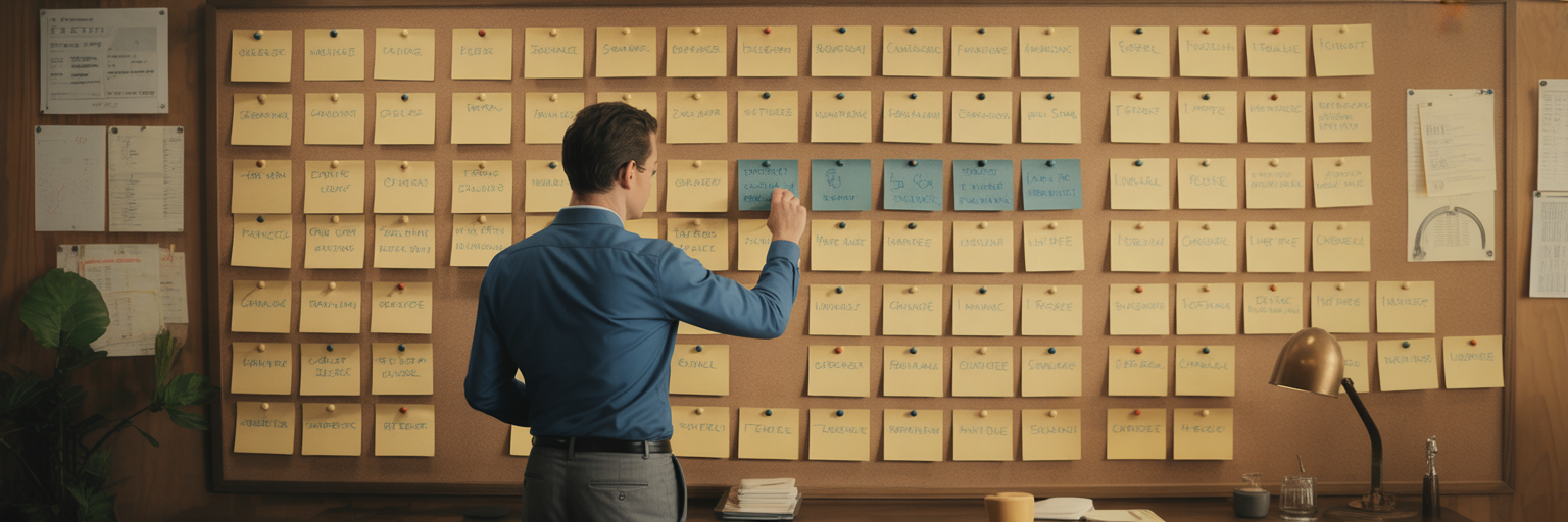 Gérant de restaurant organisant des fiches de retours clients.