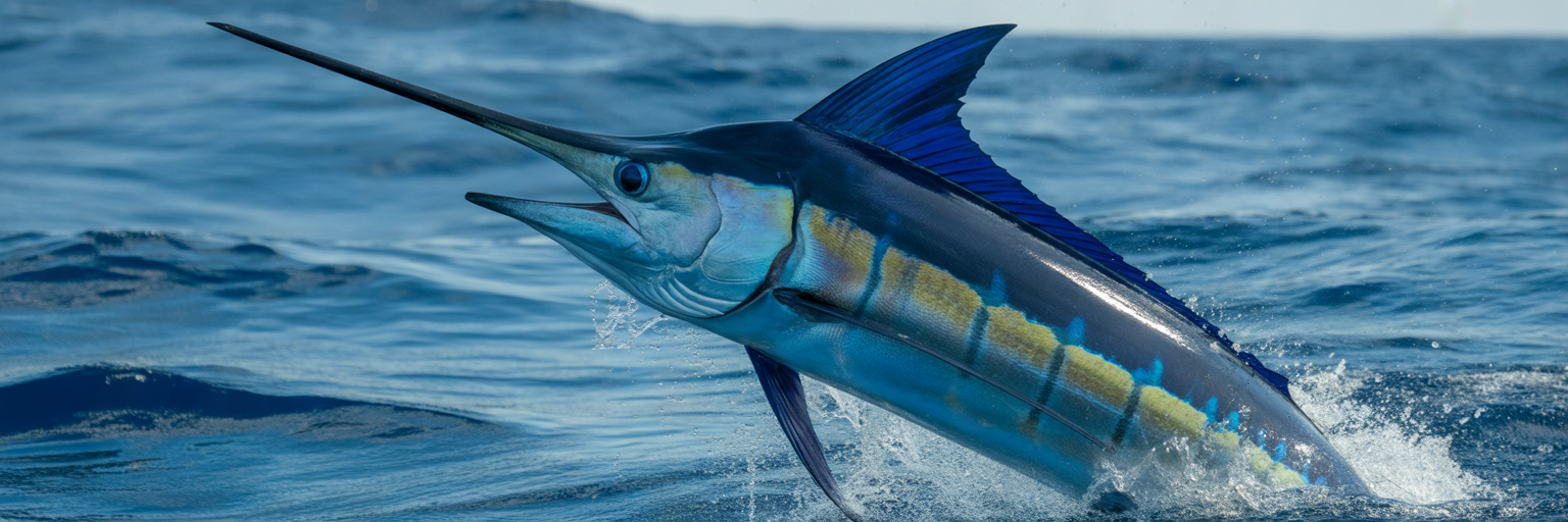 Giant blue marlin jumping near fishing boat.