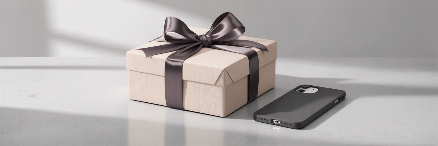 Gift-wrapped box next to a black rectangle iPhone case.