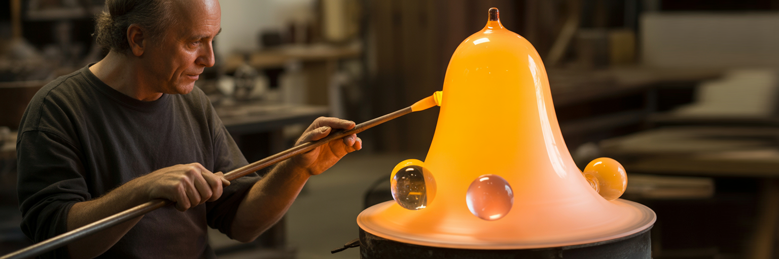 Glassblower shaping a bell with spheres inside.