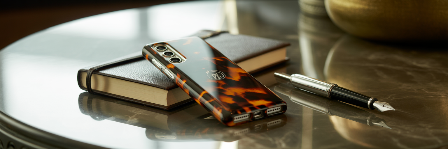 Glossy tortoiseshell iPhone case on marble.