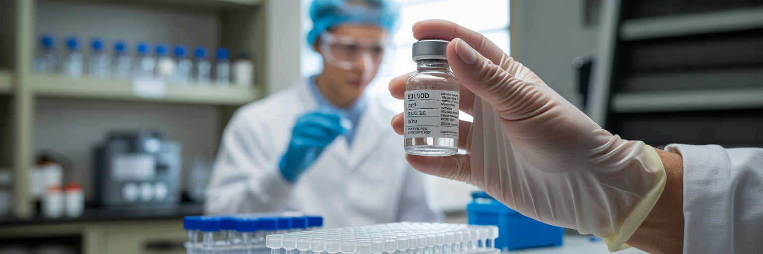 Gloved hand inspecting pharmaceutical vial.