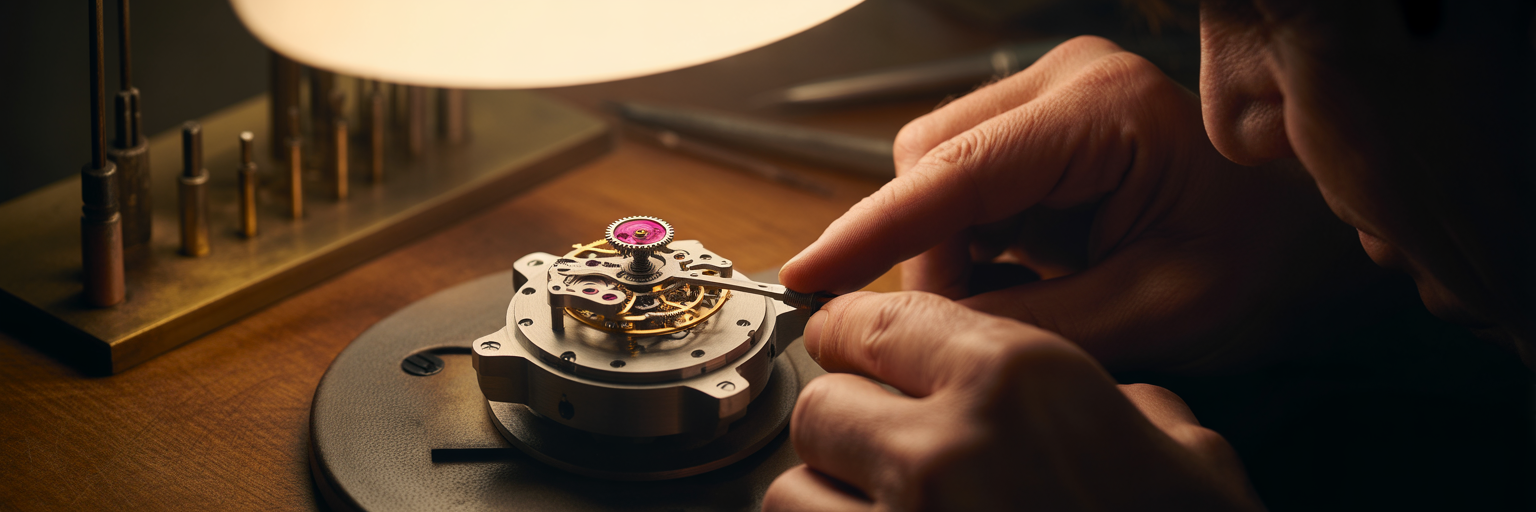 Glowing gear placed in intricate watch movement.