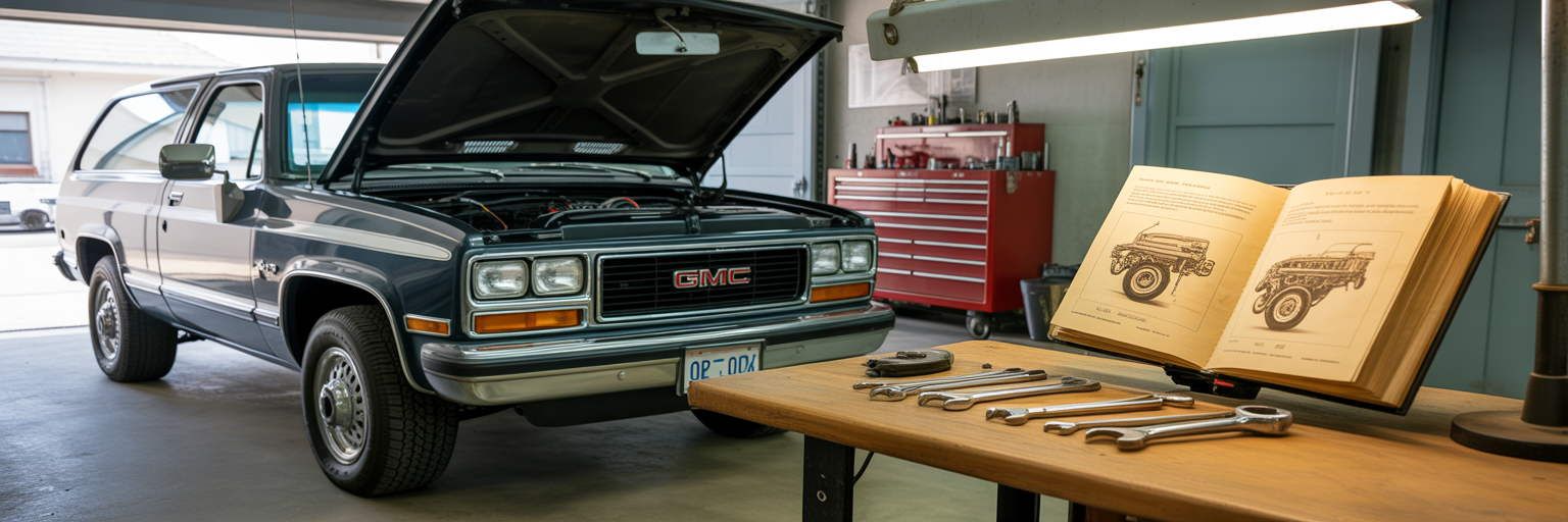 GMC Jimmy engine bay with tools.
