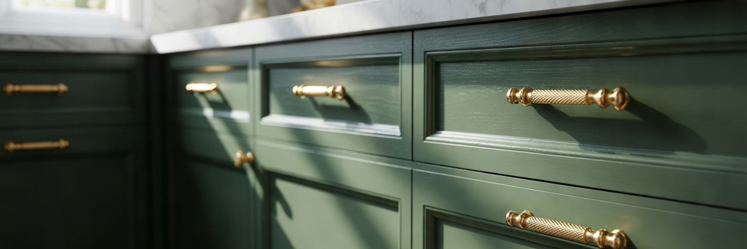 Gold knurled hardware on kitchen cabinets