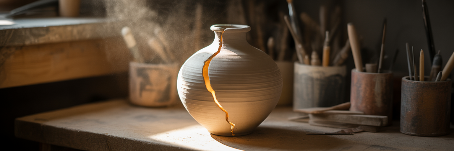 Golden light shining from cracked vase.