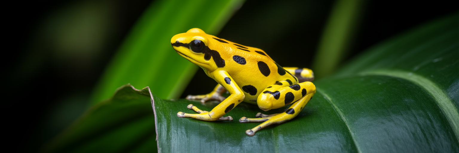 Golden poison dart frog on leaf.