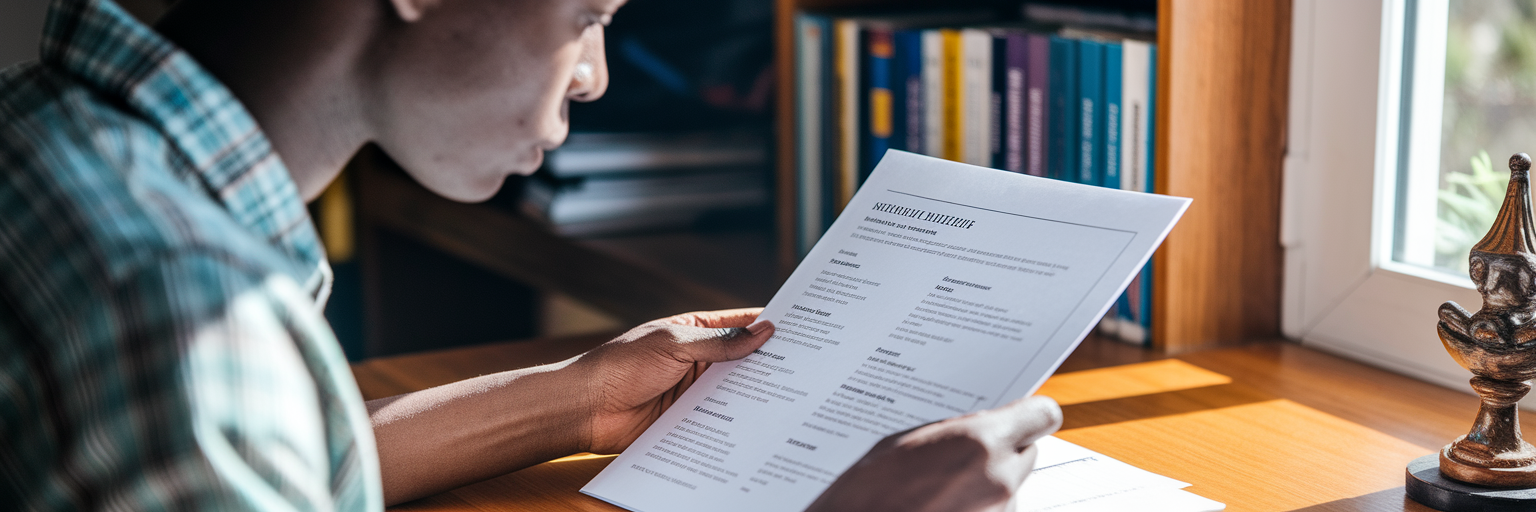 Graduate reviewing CV at a desk.