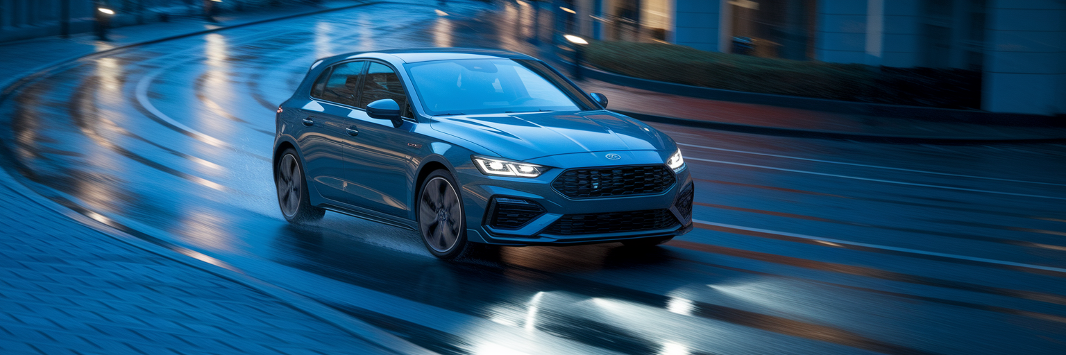 Gray hatchback driving on wet city street.