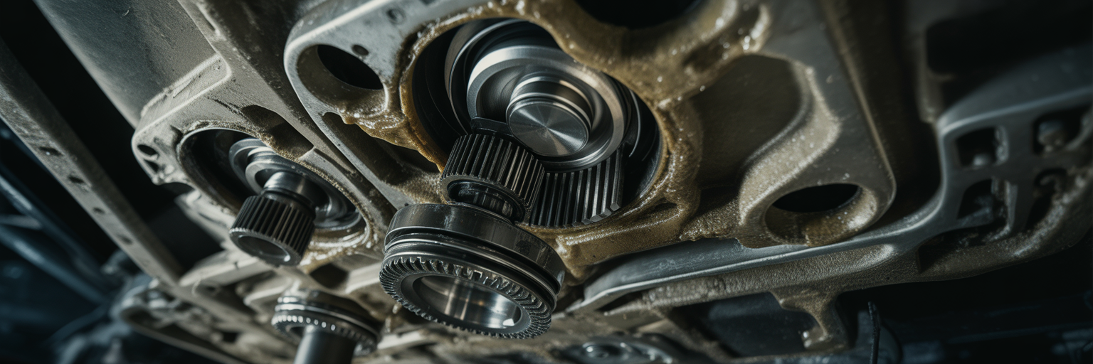 Gritty close-up of failing engine gears.