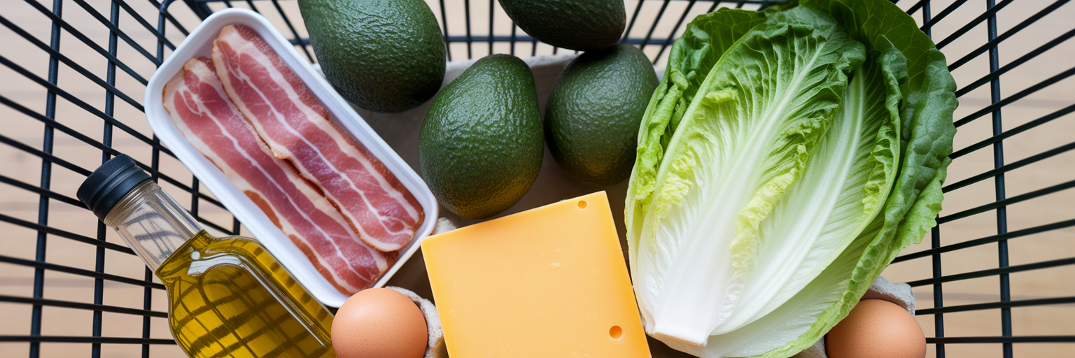 Grocery cart filled with keto-friendly foods.
