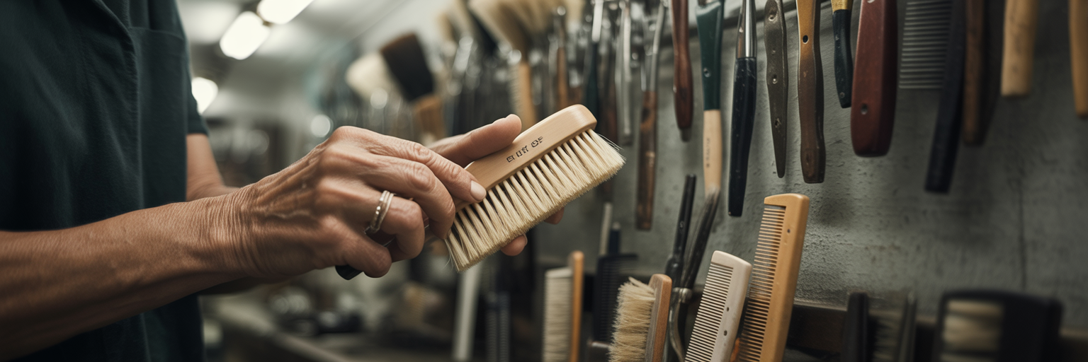 Groomer carefully selecting a soft brush.