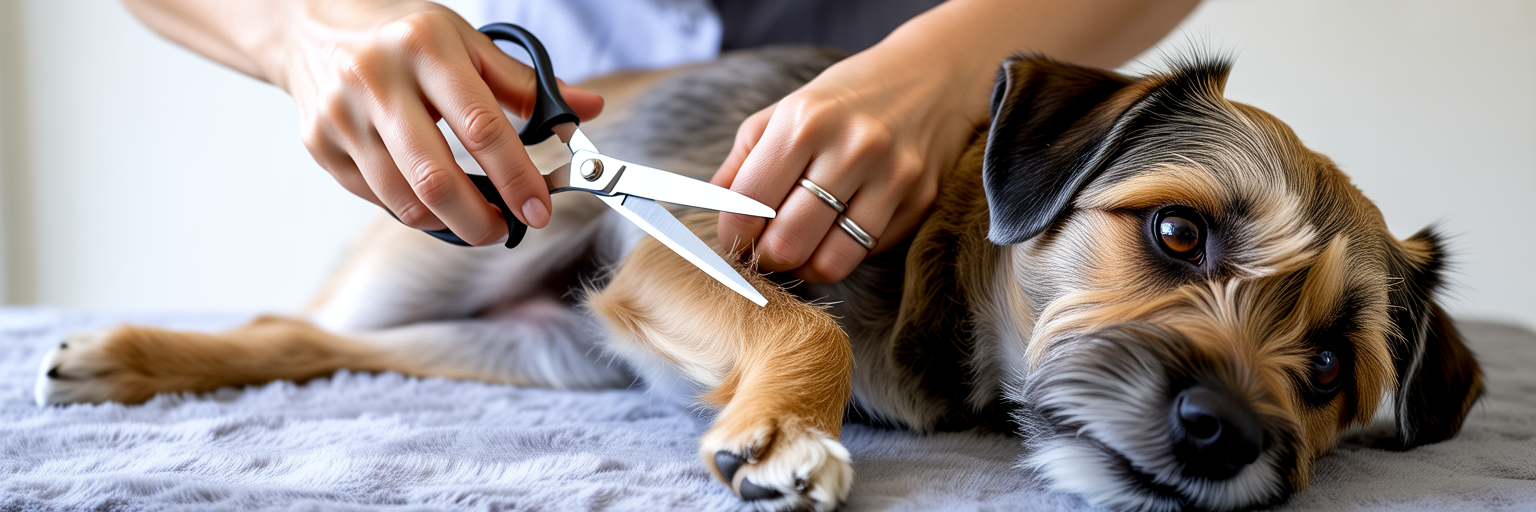 Groomer carefully trimming fur on dog's paw.