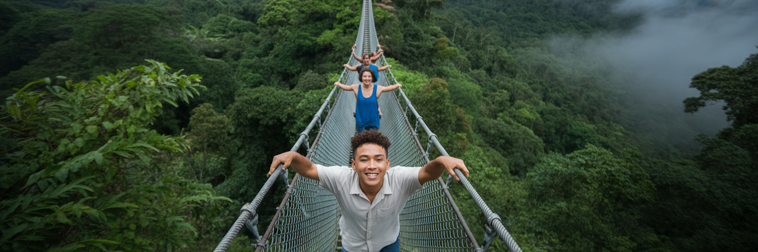Group of friends crossing a suspension bridge in a rainforest.