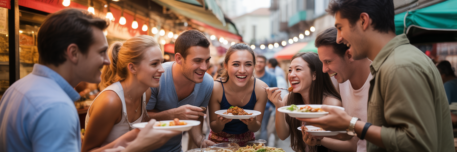 Group of friends sharing food at a market.