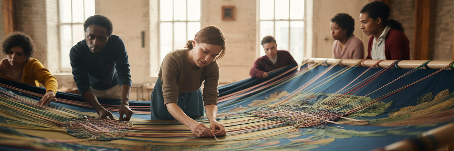 Group of people mending a tapestry.