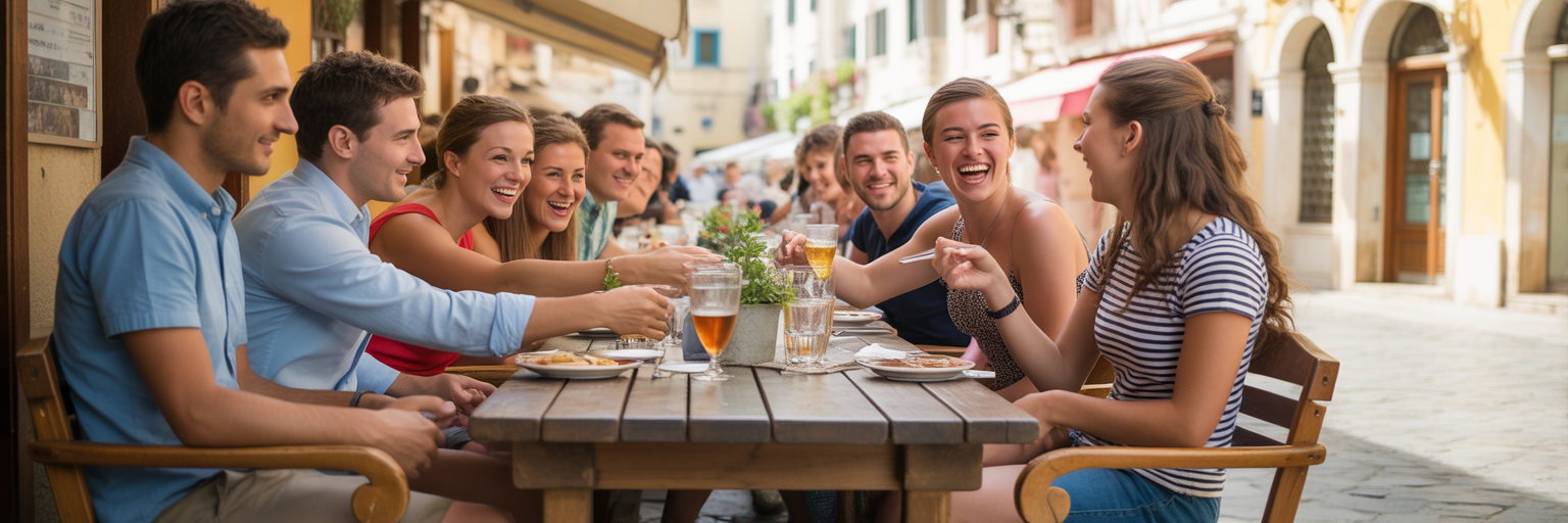 Group of travelers bonding at a cafe.