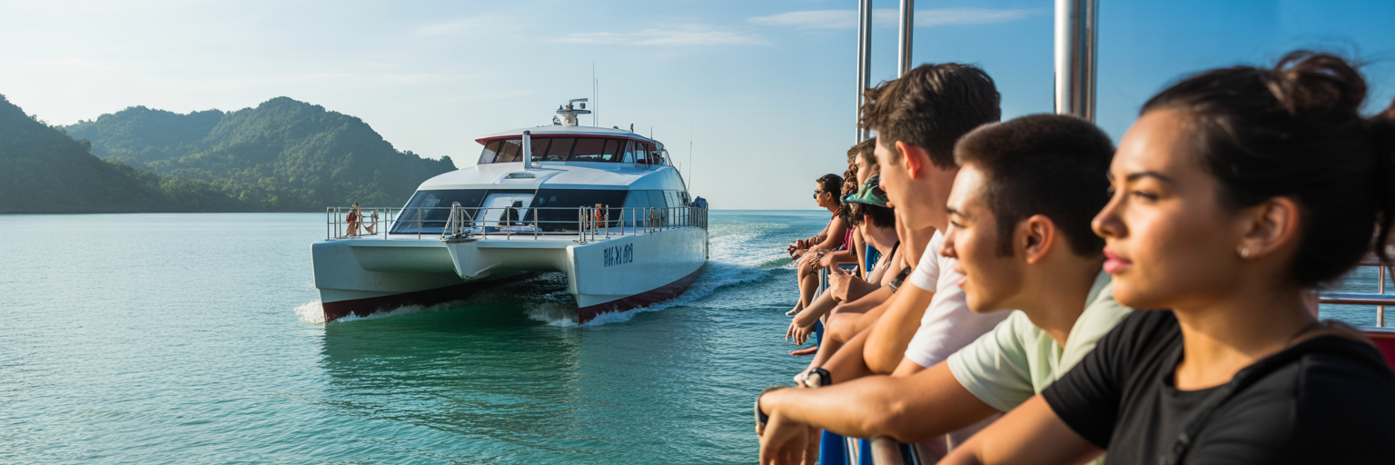 Group of travelers on ferry approaching Koh Phangan.