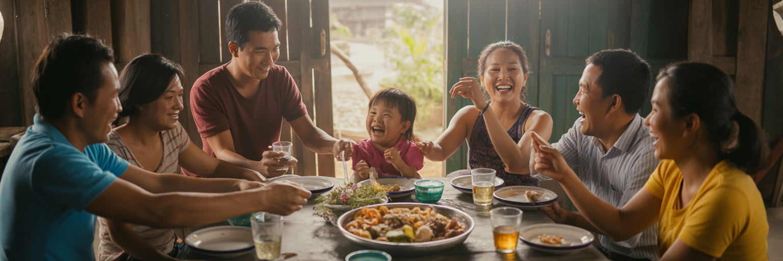 Group of travelers sharing meal with local family.