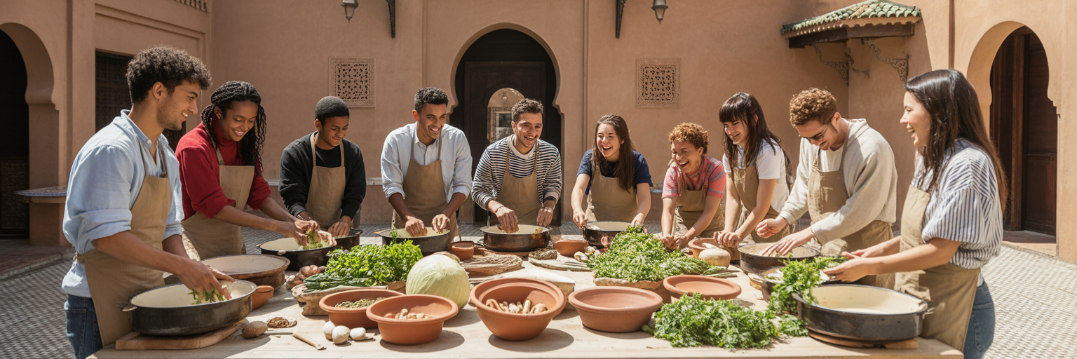 Group of young adults in a Moroccan cooking class.