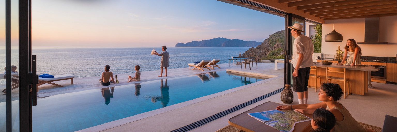 Group relaxing at a modern villa rental.