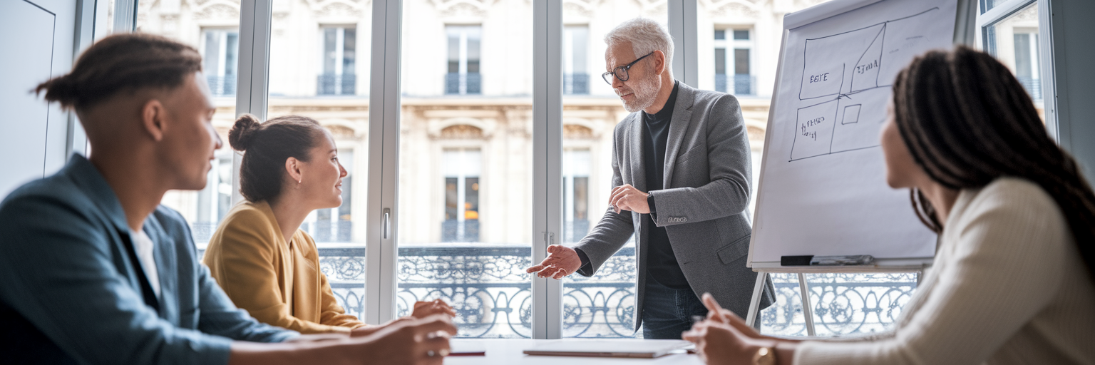 Groupe d'entrepreneurs en collaboration dans un bureau parisien.