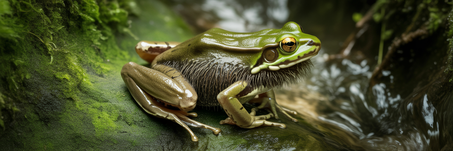 Hairy frog on mossy rock in rainforest