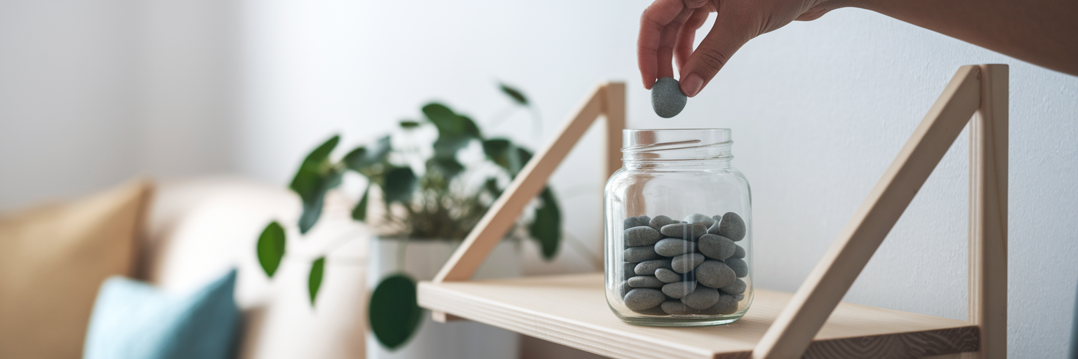 Hand adding stone to a jar