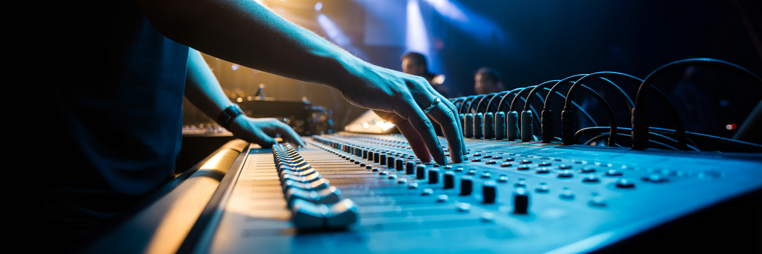 Hand adjusting faders on sound mixing desk