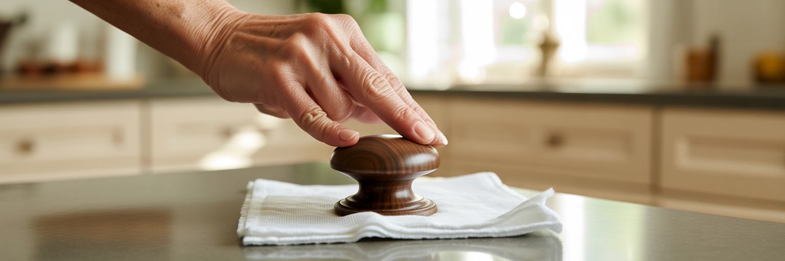 Hand cleaning a wood cabinet knob