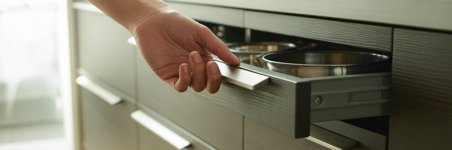 Hand gripping a modern recessed drawer pull