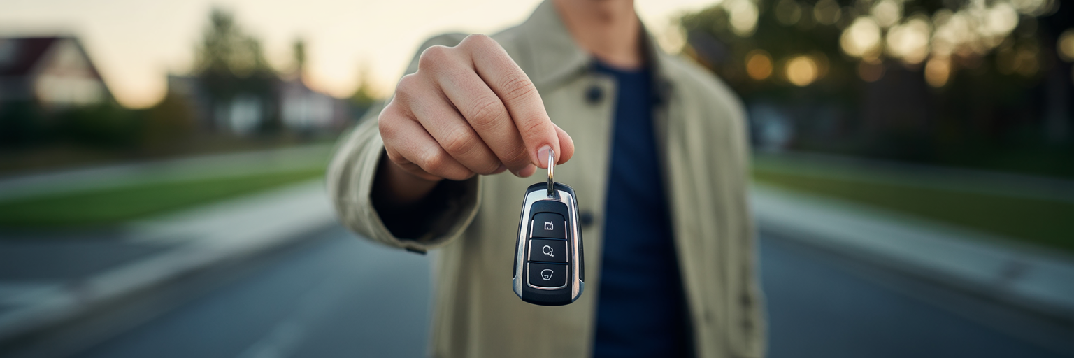Hand holding a modern German car key.