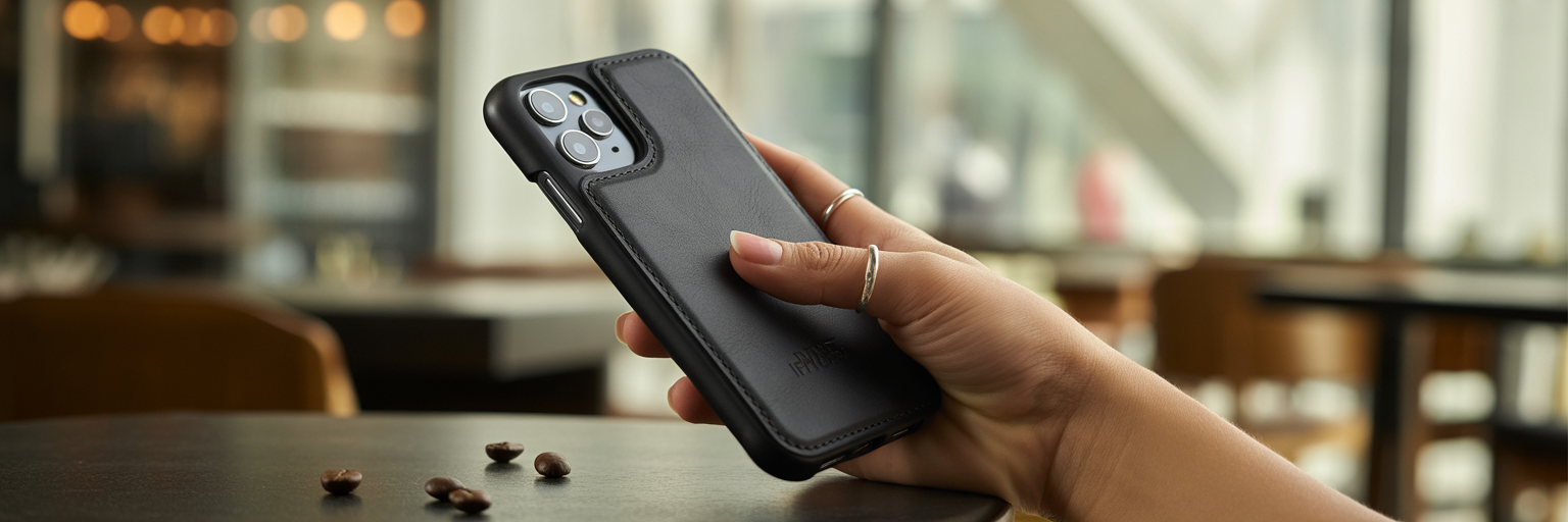 Hand holding a premium leather iPhone case.