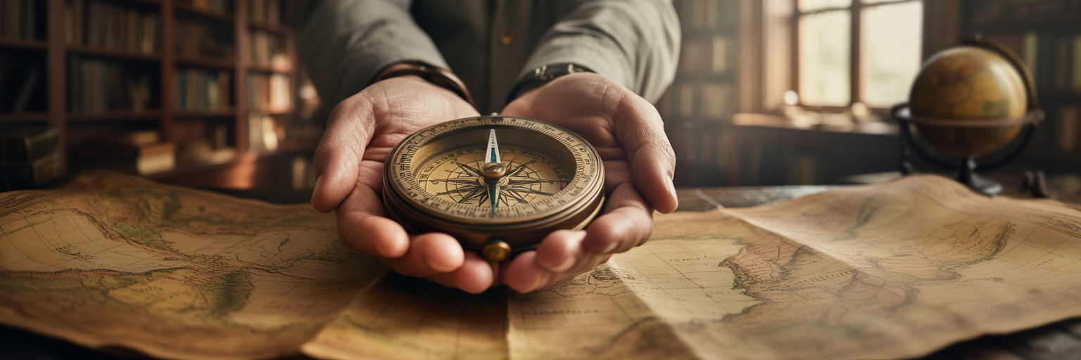 Hand holding a wooden compass on a winding map.