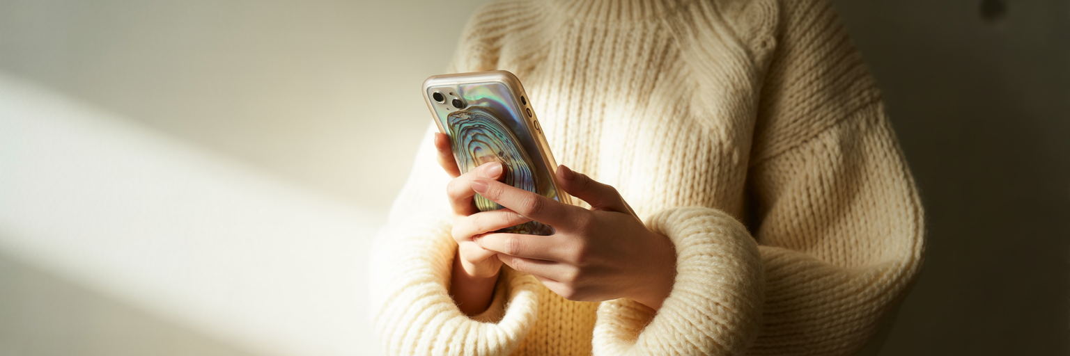 Hand holding abalone iPhone case against knit sweater.