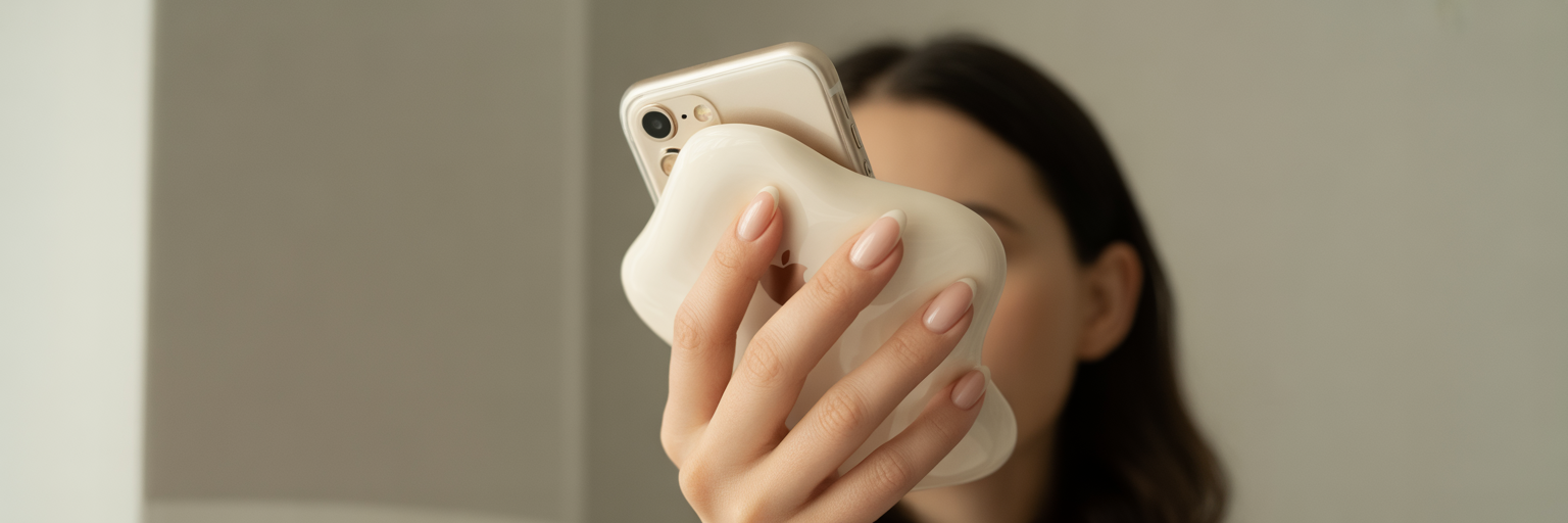 Hand holding iPhone with sculptural case.