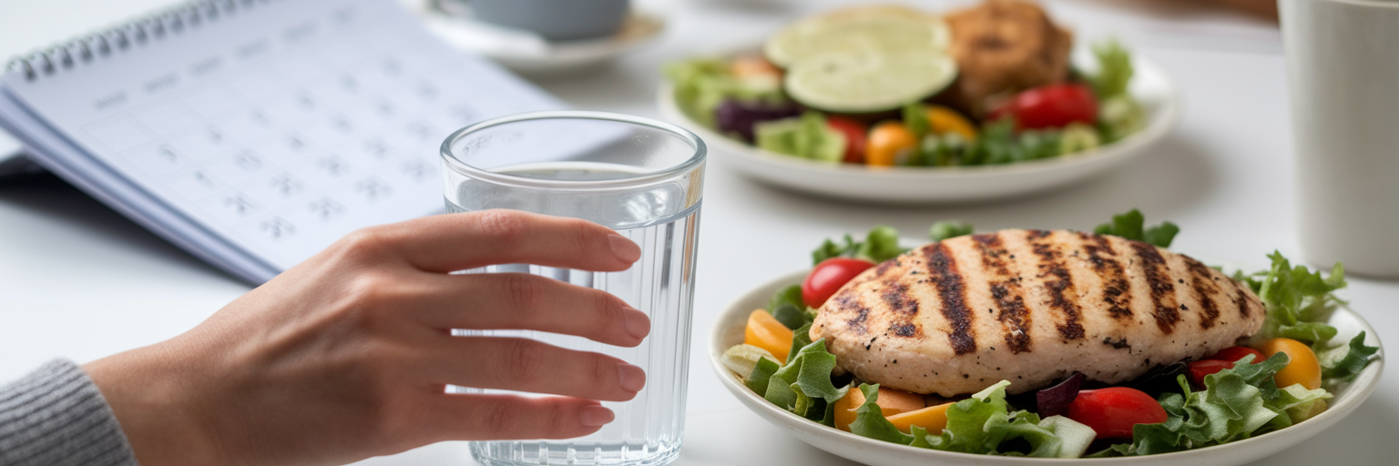 Hand holding water glass with healthy meal.