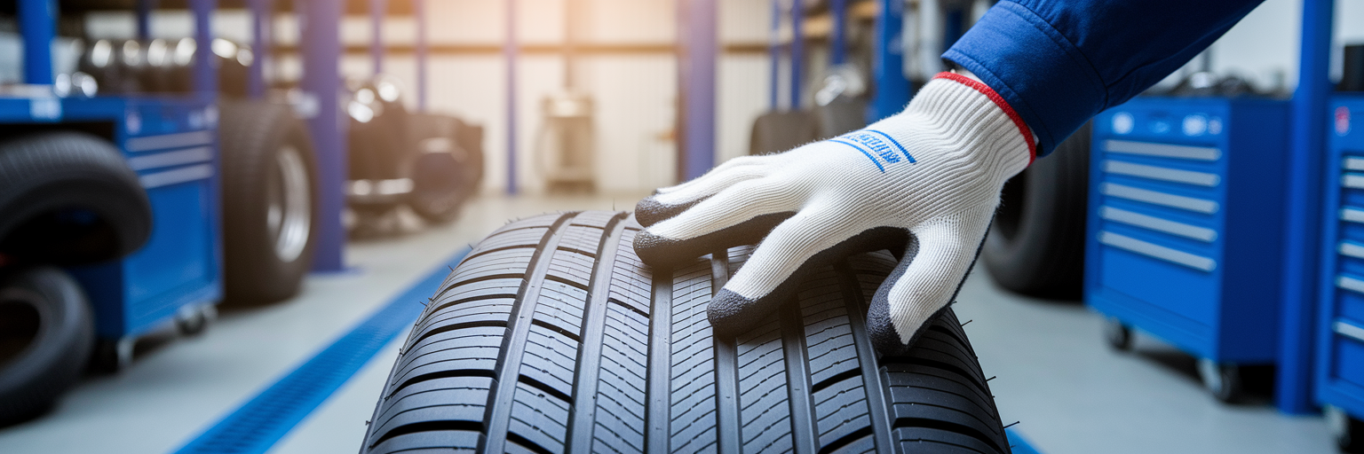 Hand inspecting a new car tire.