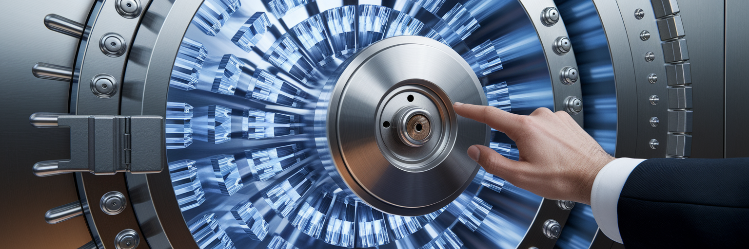 Hand interacting with futuristic vault door of light.