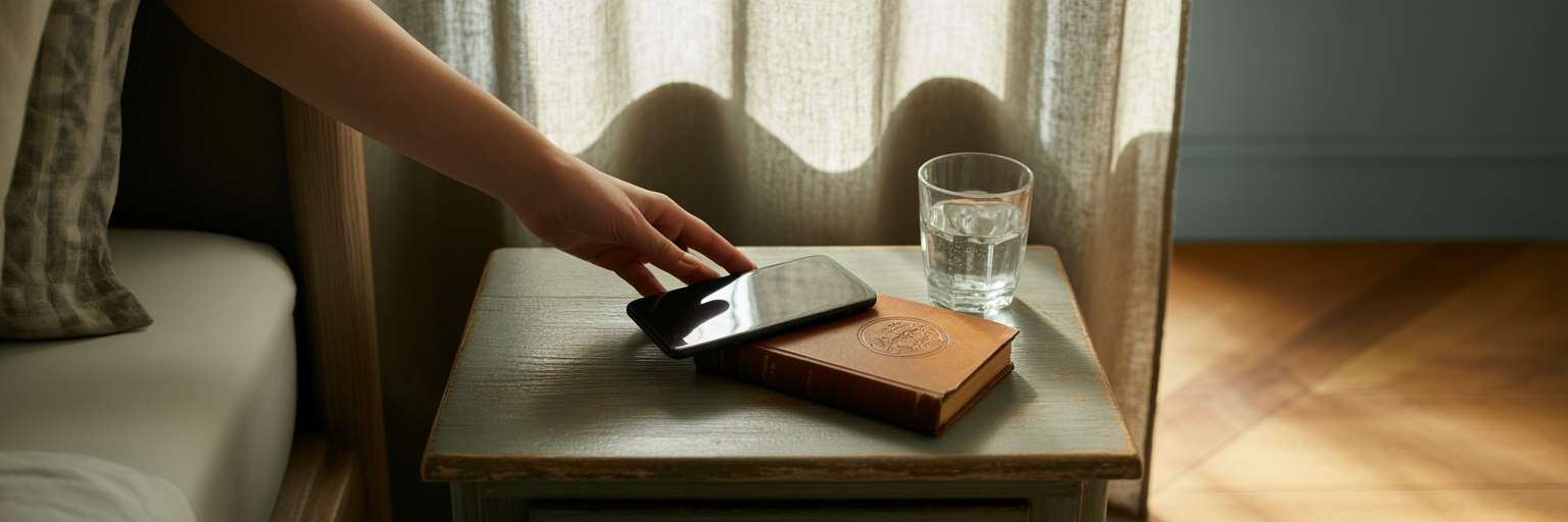 Hand placing smartphone face down on nightstand.