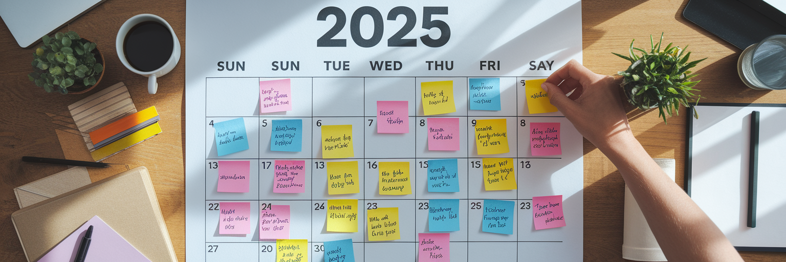 Hand planning a content calendar with notes.