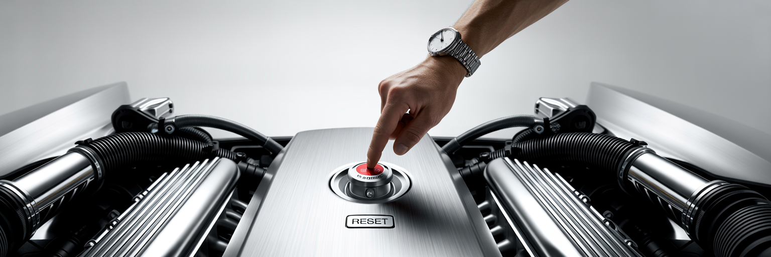 Hand pressing reset button on clean engine module.