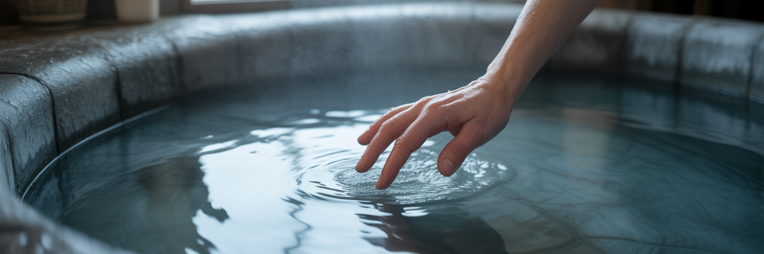 Hand touching slimy biofilm inside cold plunge tub.