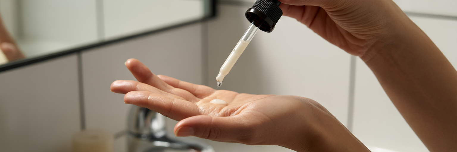 Hand using a glass dropper for cosmetic serum.