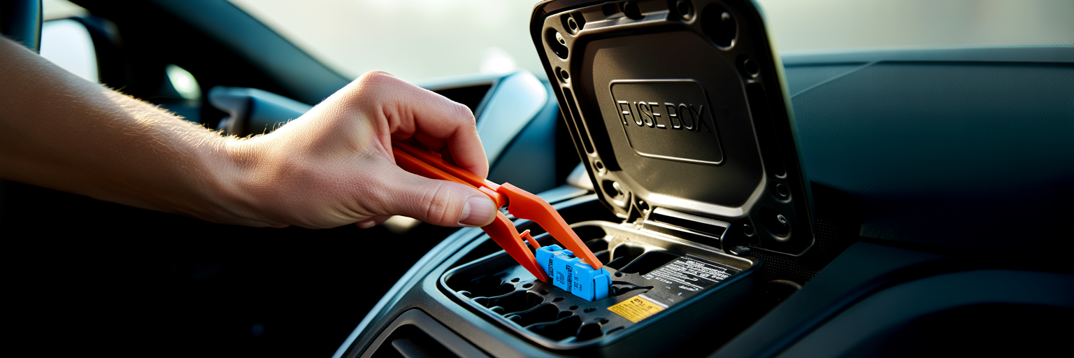 Hand using fuse puller on car fuse box.
