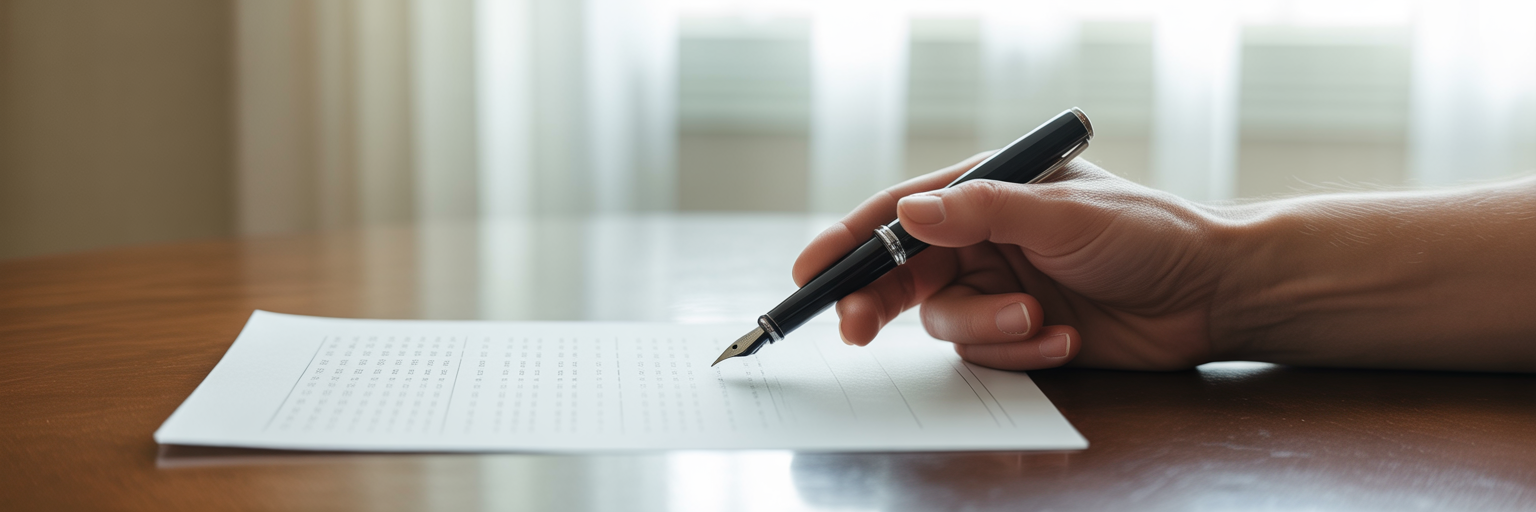 Hand with pen next to numbers on paper.