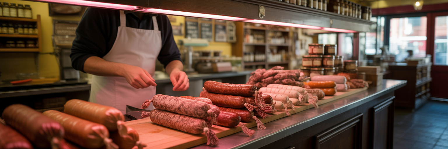 Handcrafted sausages at a local butcher shop.