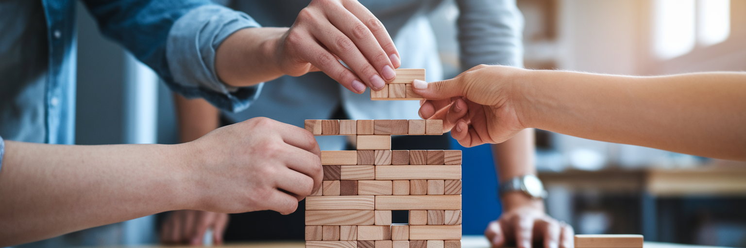 Hands adding unique block to tower.
