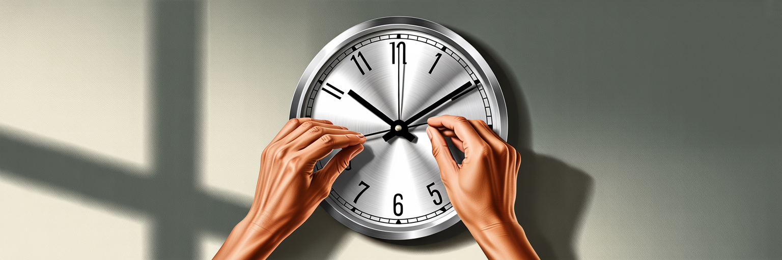 Hands adjusting a clock, symbolizing routine timing.