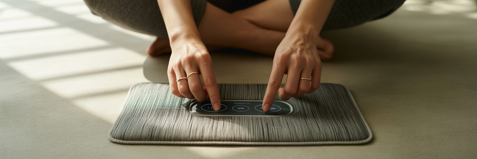 Hands adjusting a PEMF mat controller.